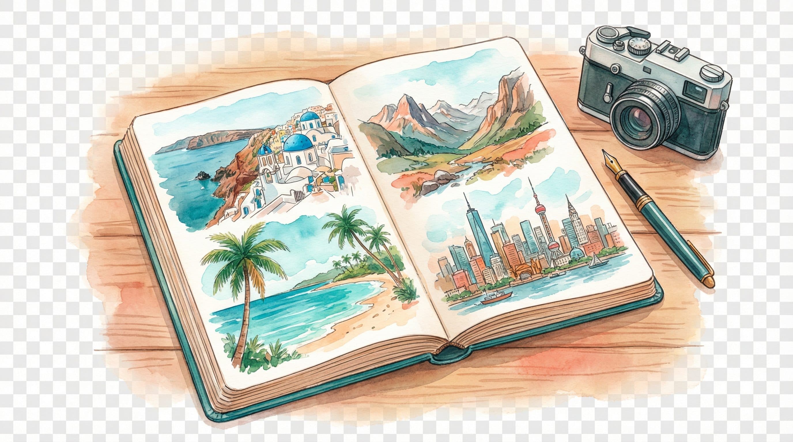 An open travel journal with watercolor sketches of world destinations