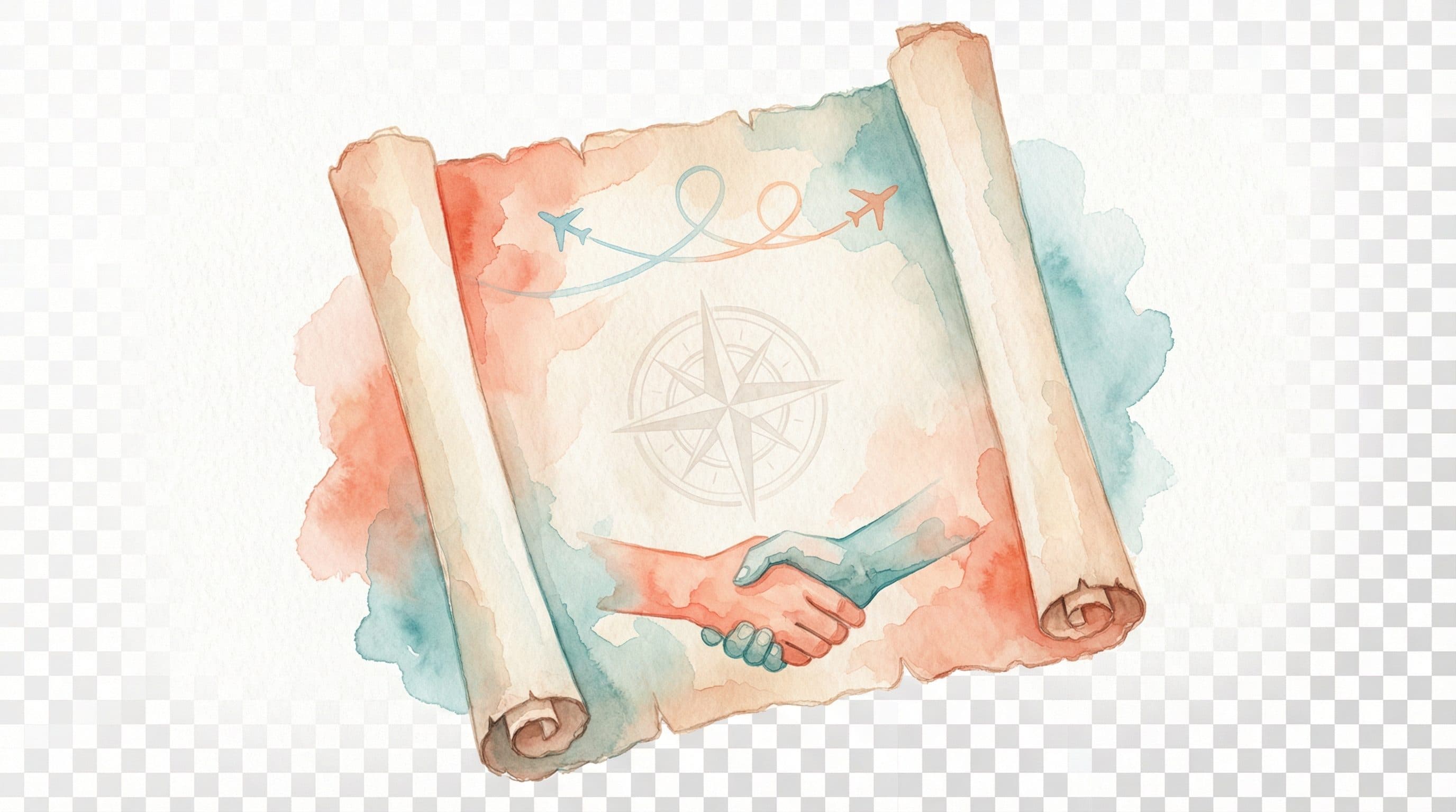 A travel-themed scroll with compass rose and handshake symbolizing trust and agreement
