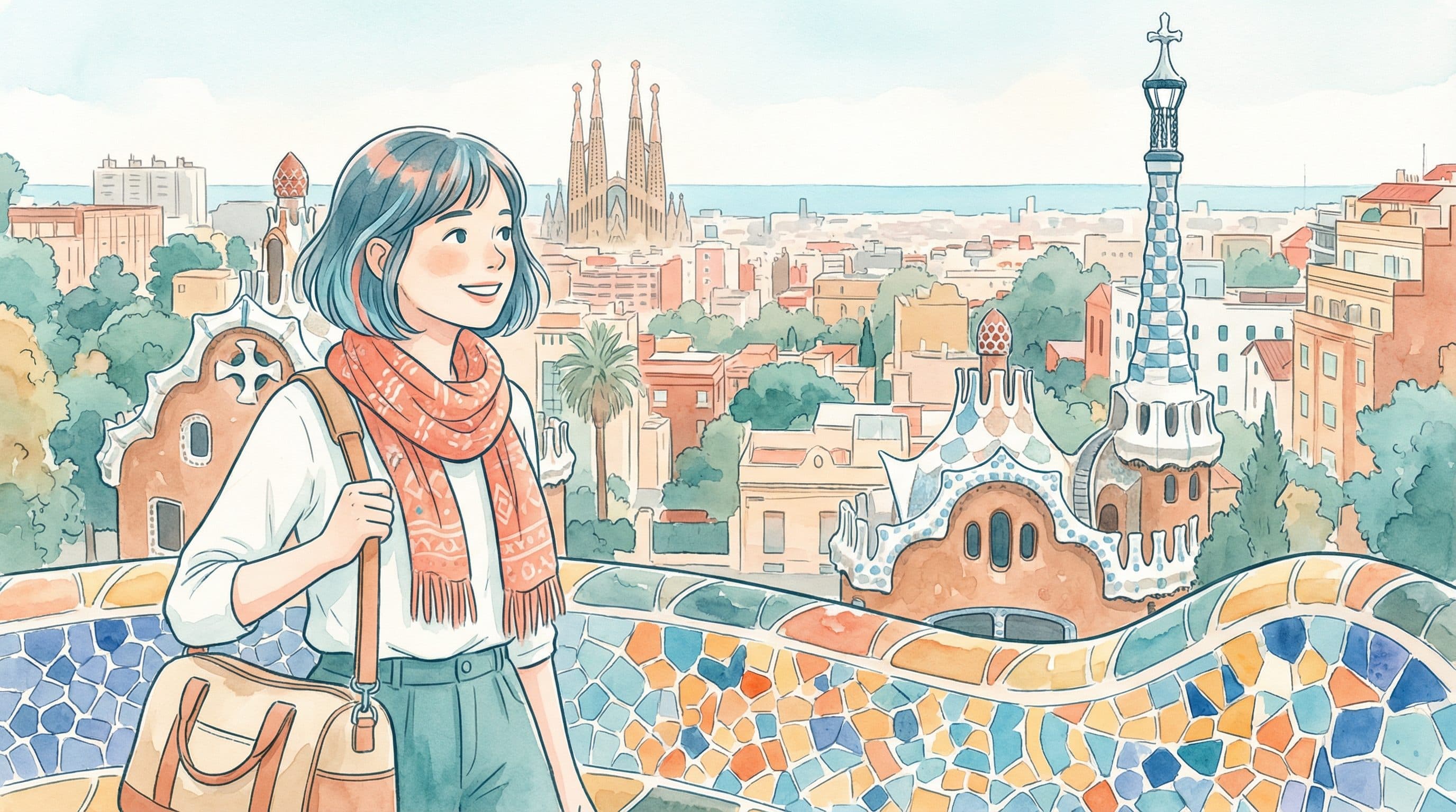 Lucy admiring Park Guell mosaics in Barcelona with Sagrada Familia in the distance