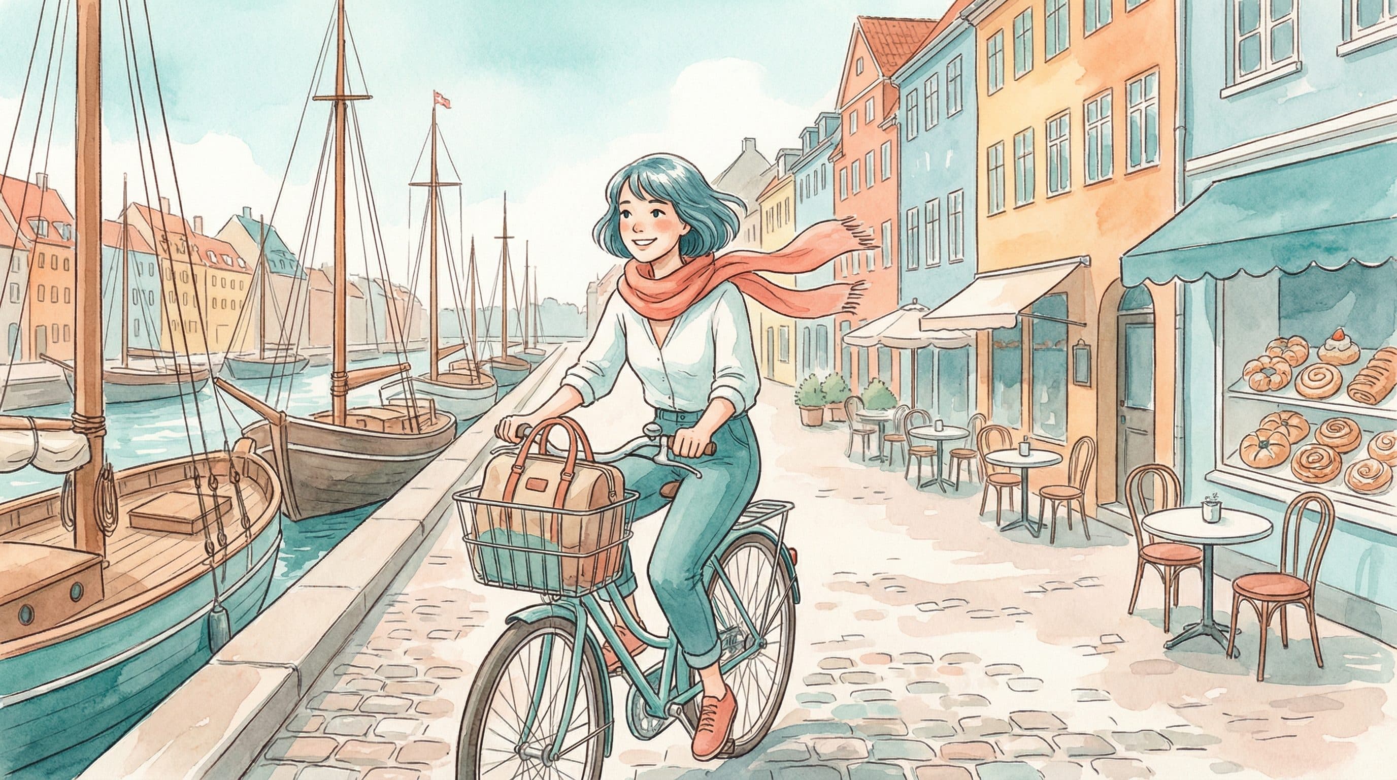 Lucy biking along the colorful Nyhavn canal in Copenhagen with tall ships
