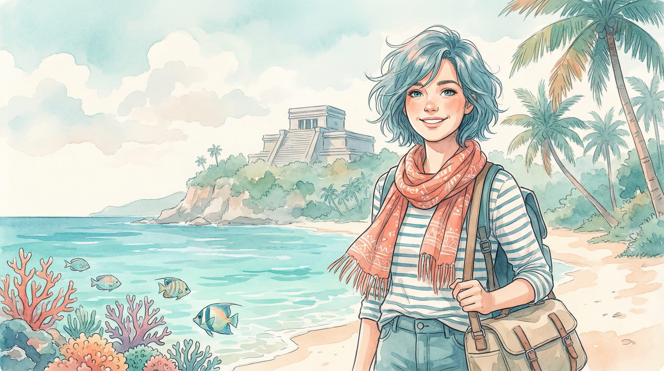 Lucy on a turquoise Cozumel beach with coral reef and Mayan ruins in the distance