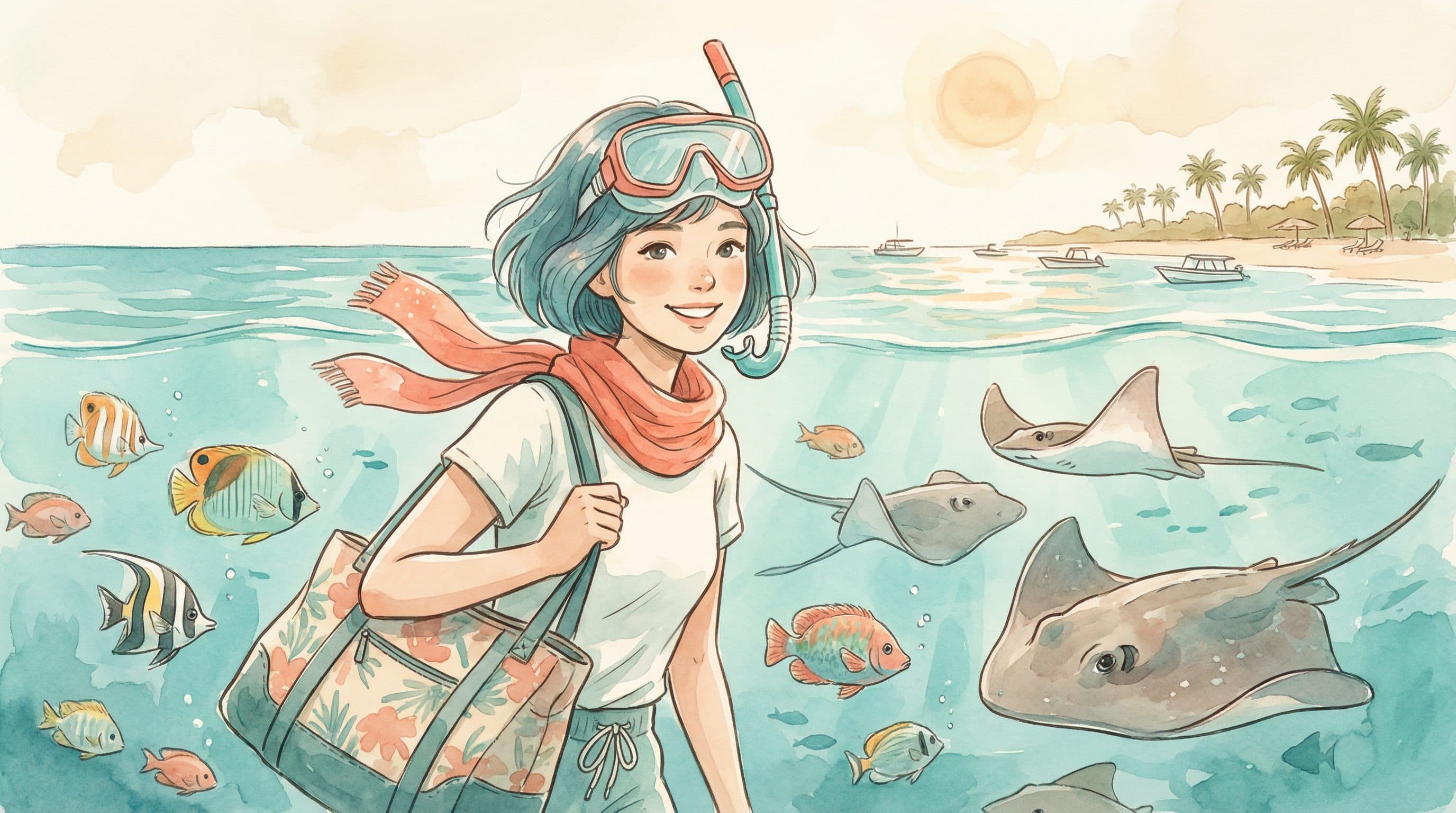 Lucy snorkeling in crystal-clear Grand Cayman waters with tropical fish and stingrays