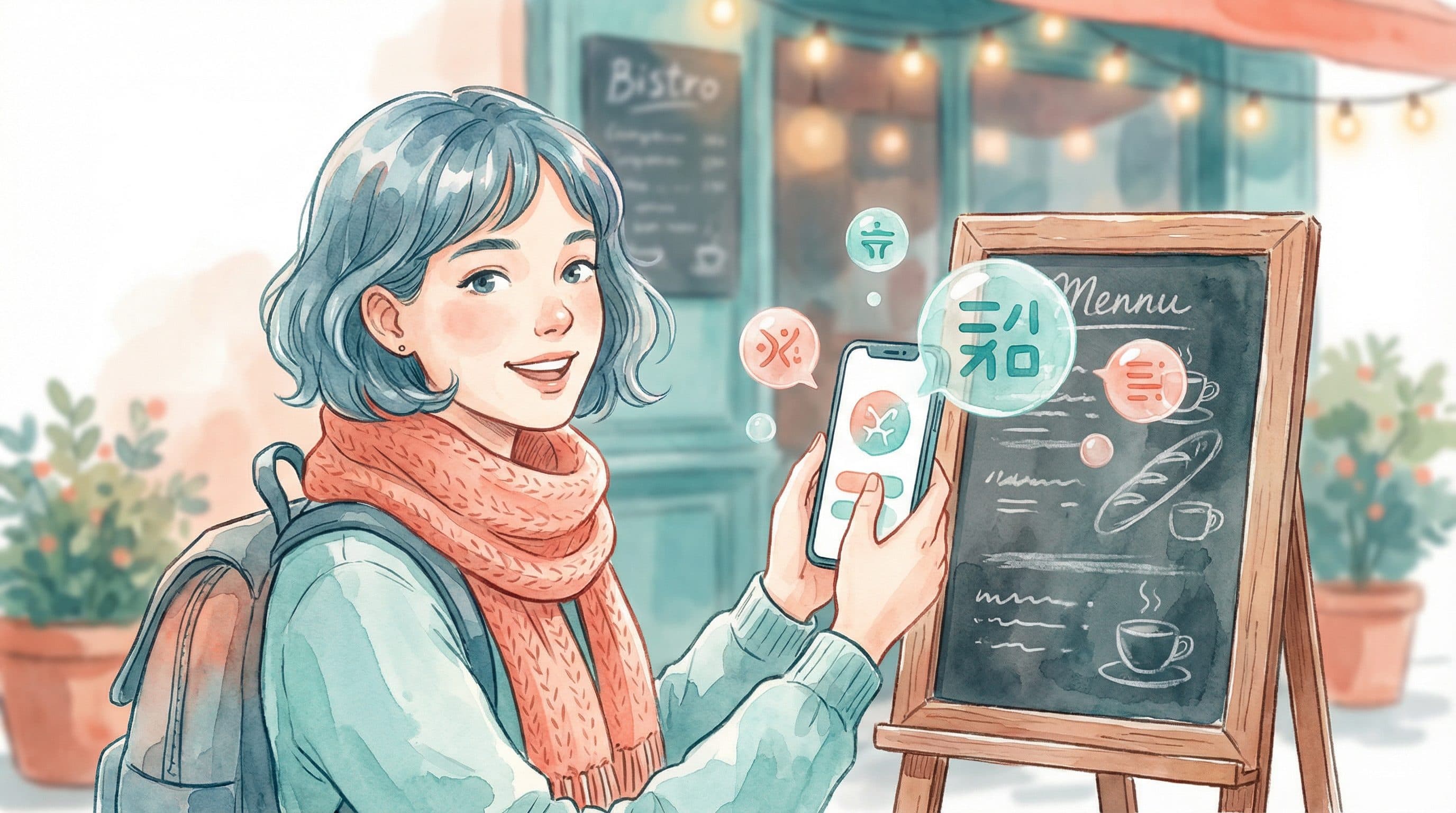 Lucy using her phone to scan and translate a handwritten French bistro menu