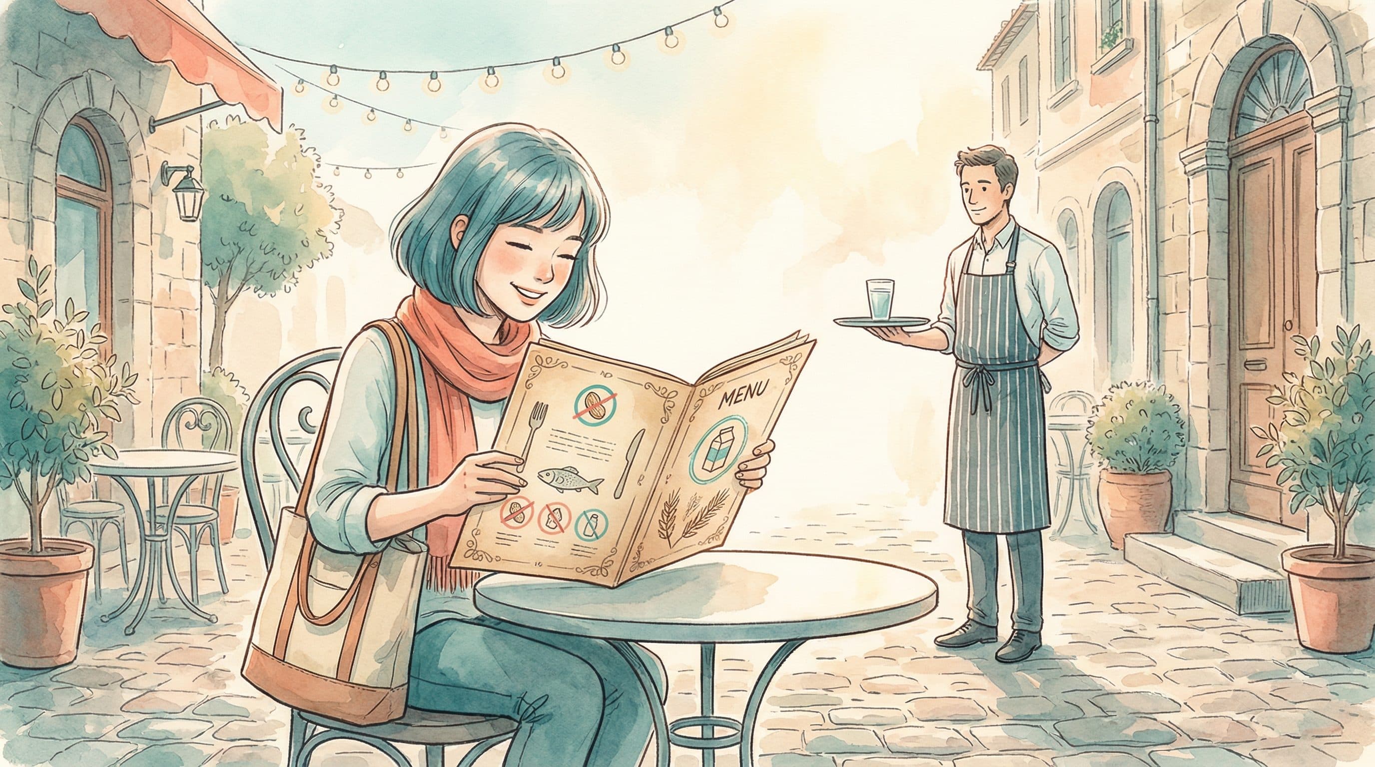 Lucy studying a foreign restaurant menu with food allergy symbols at a European cafe