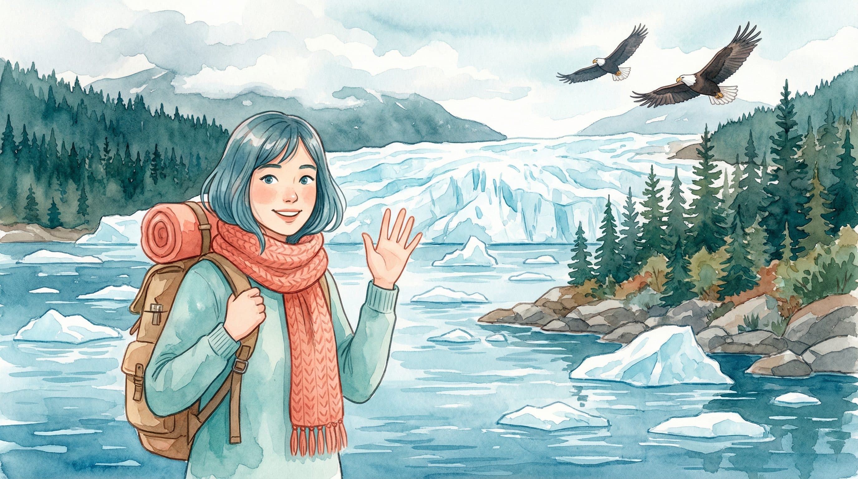 Lucy near Mendenhall Glacier in Juneau Alaska with icebergs and bald eagles