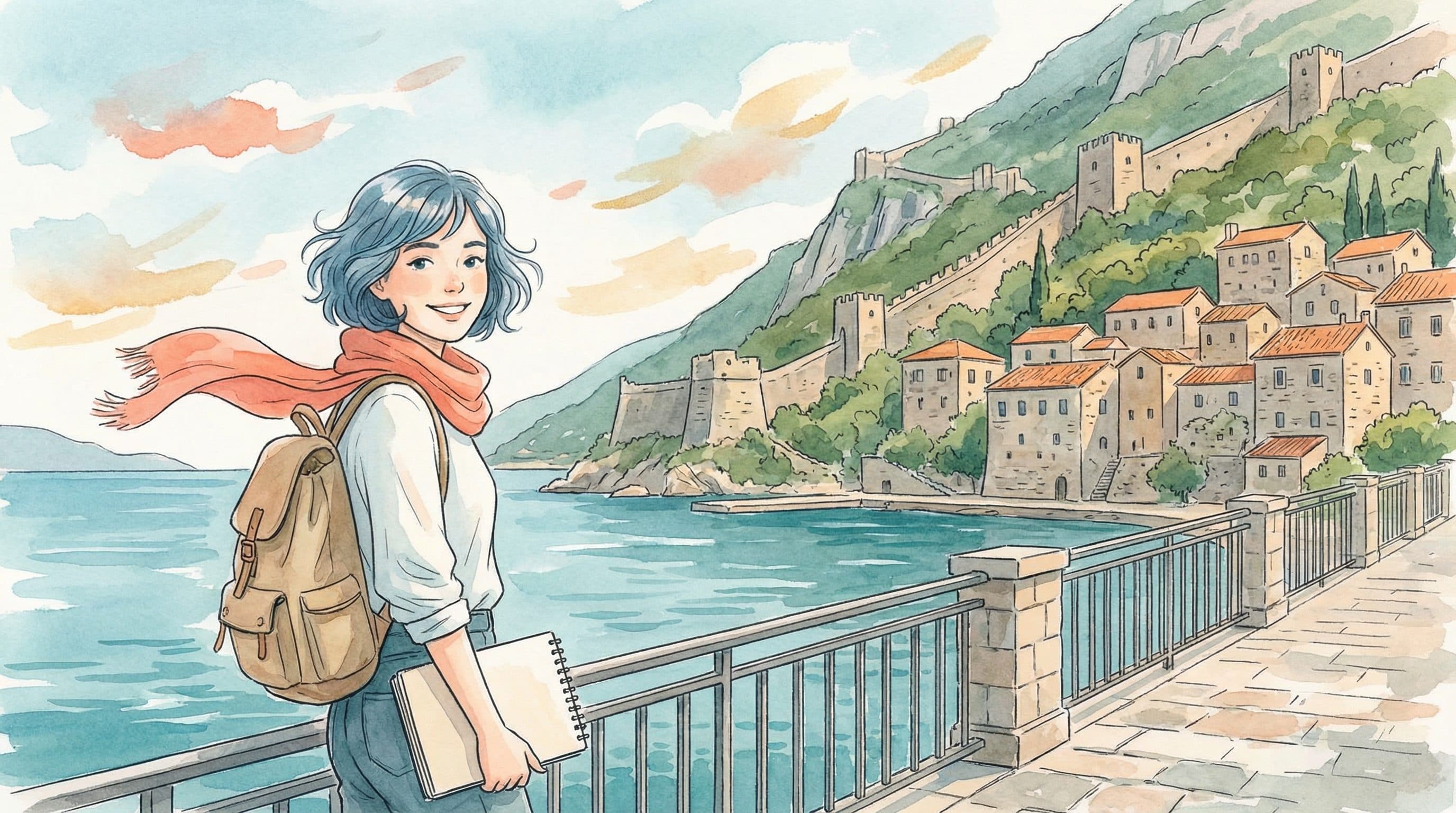 Lucy at the waterfront of Kotor Montenegro with the Bay of Kotor and fortress walls