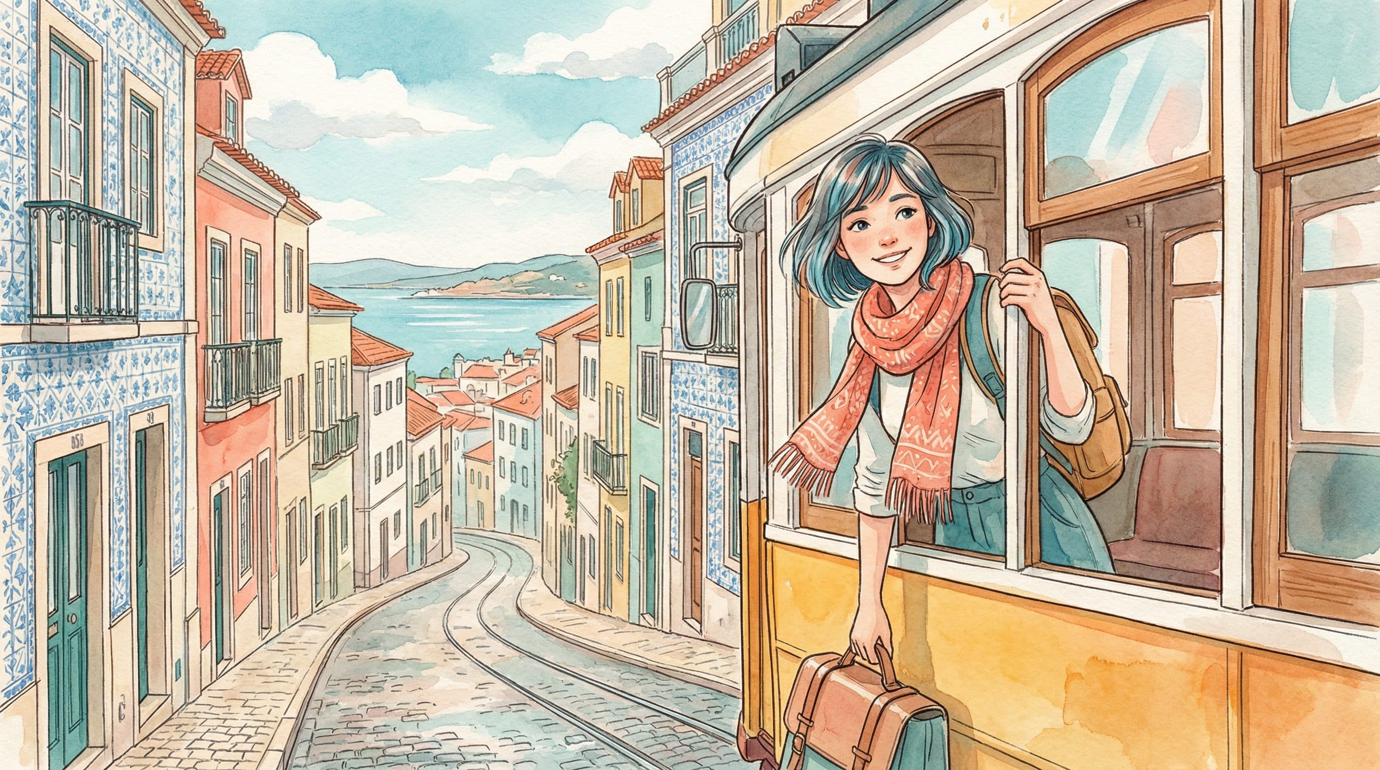 Lucy riding a vintage yellow tram through the hilly streets of Lisbon