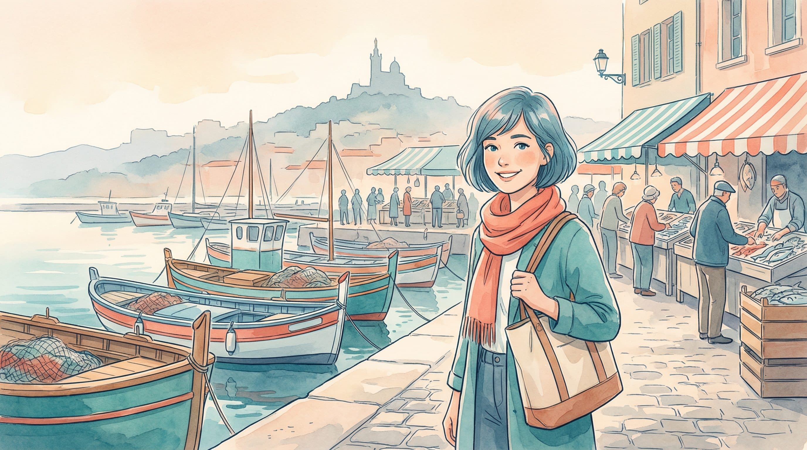 Lucy at the colorful Old Port of Marseille with fishing boats and hilltop basilica