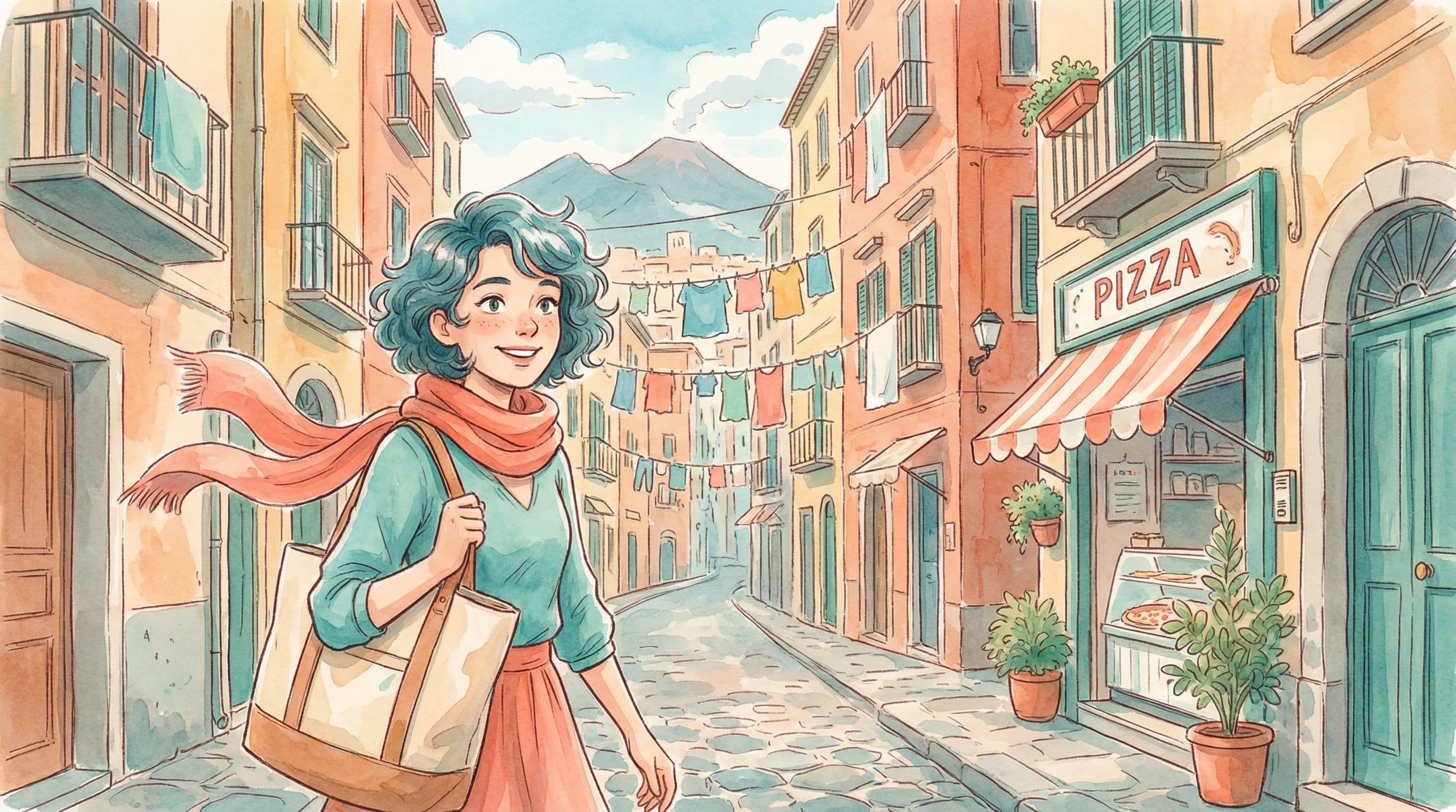 Lucy exploring vibrant Naples streets with Mount Vesuvius and pizza shops