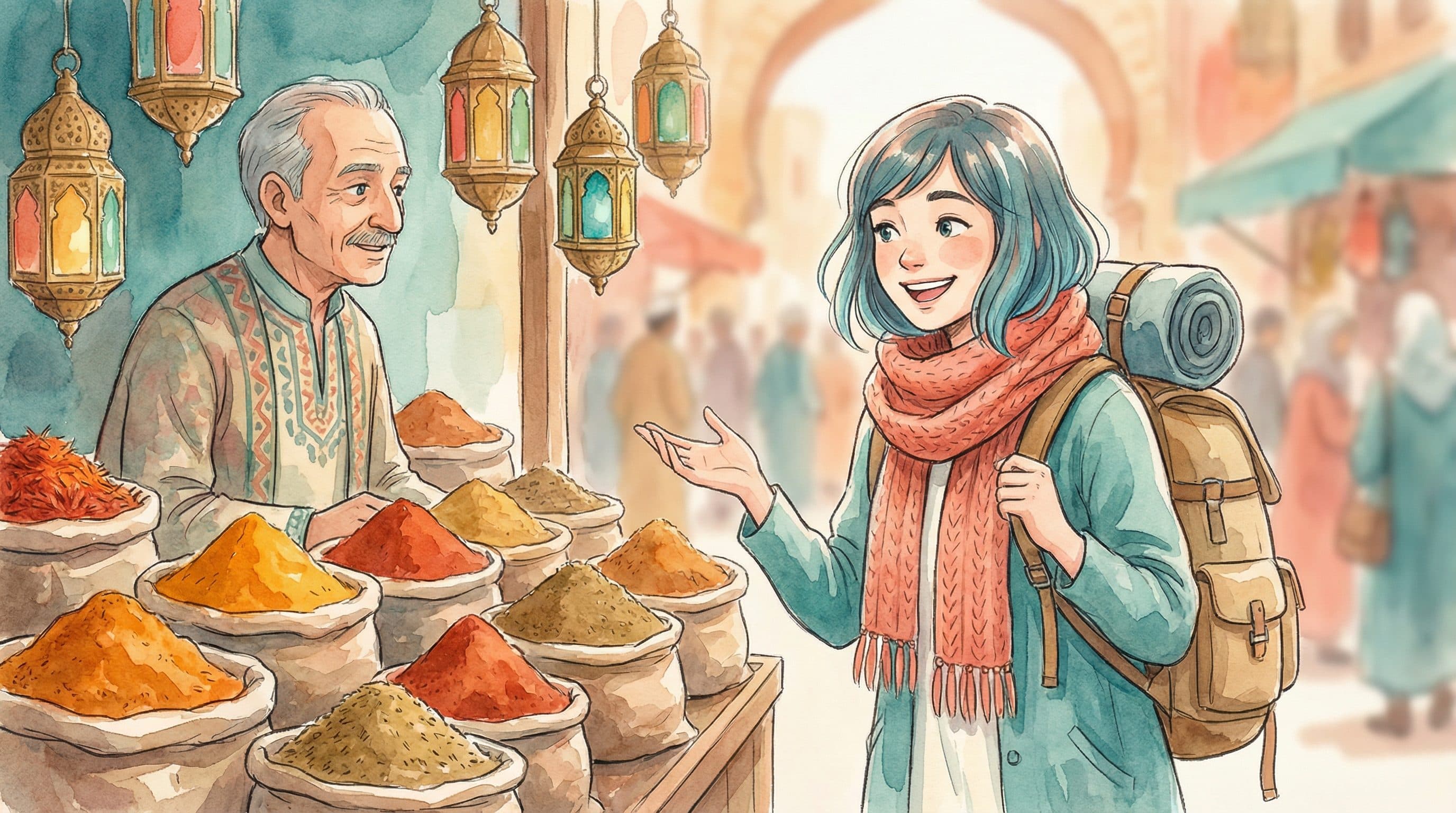 Lucy navigating a vibrant Moroccan souk marketplace with hand gestures