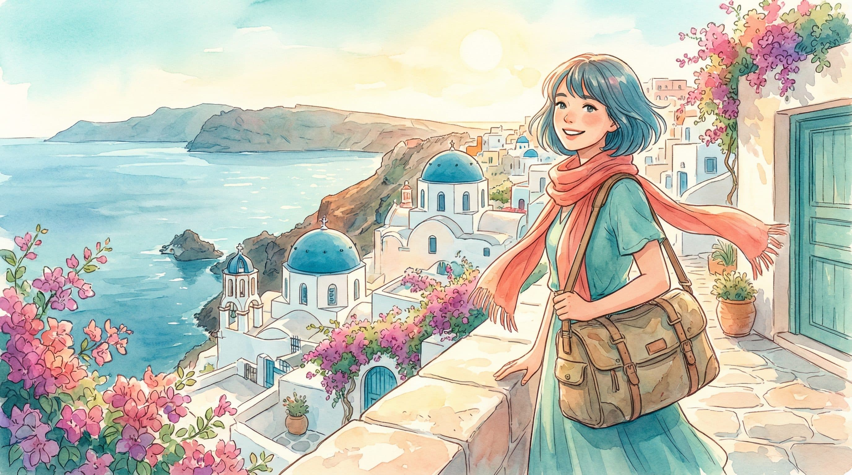 Lucy on a Santorini terrace with iconic white and blue domed churches and caldera views