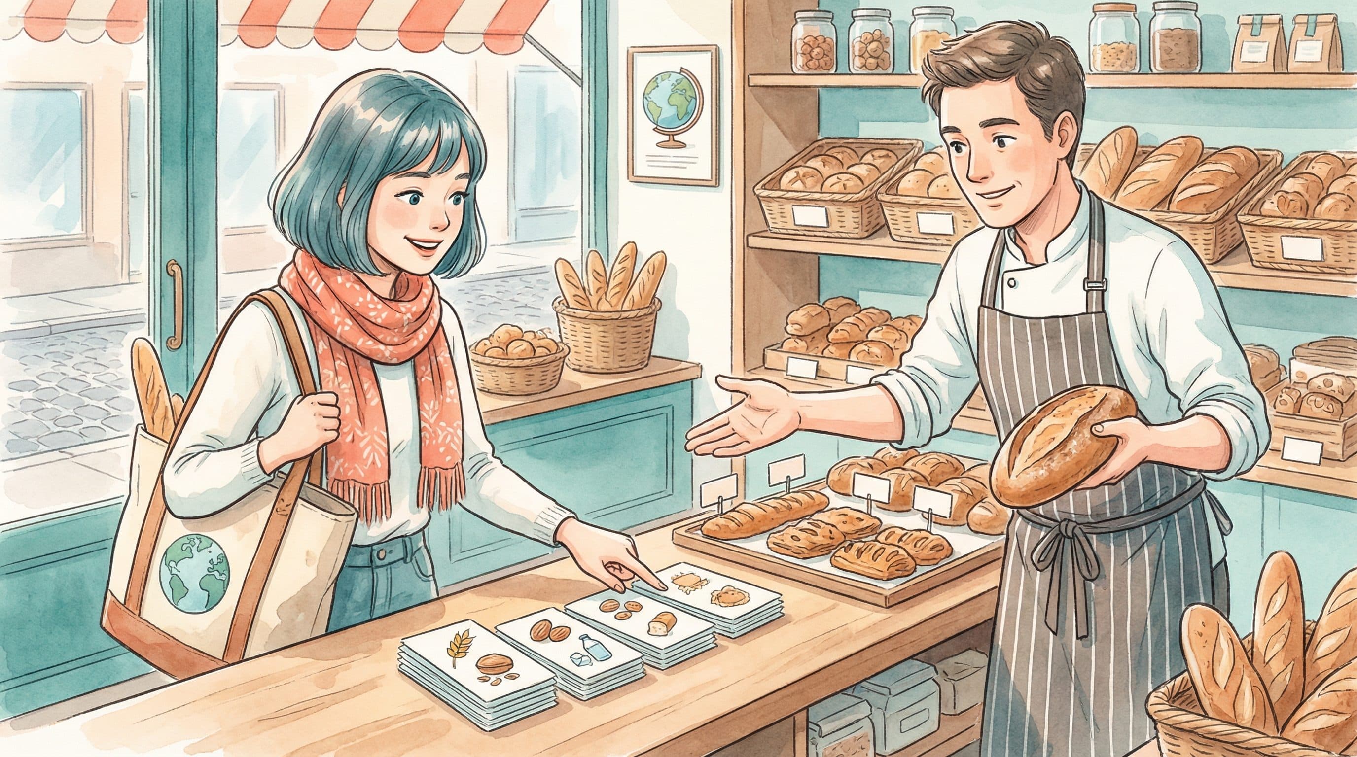 Lucy at a European bakery reviewing allergen information with a helpful baker