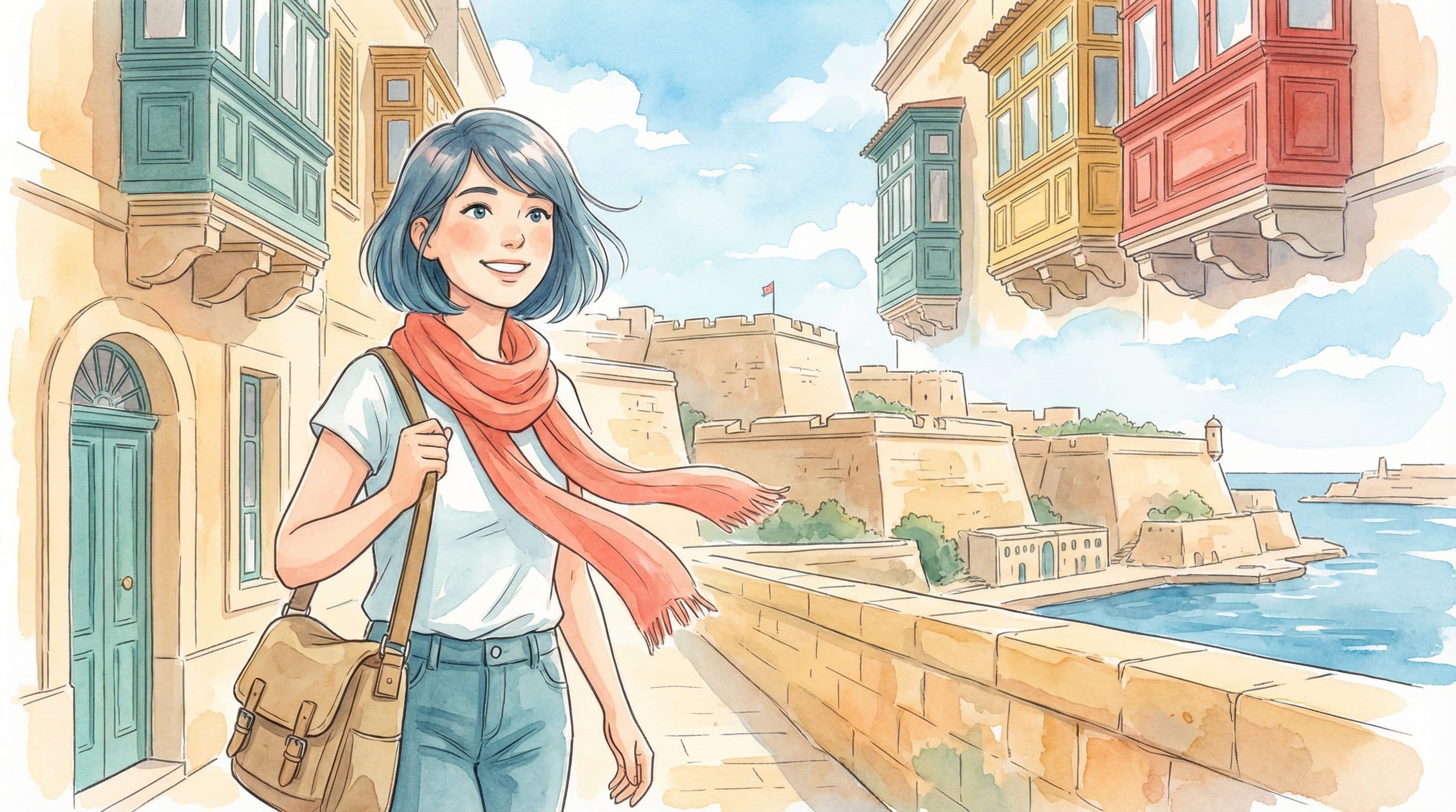 Lucy exploring honey-colored limestone streets of Valletta Malta with Grand Harbour