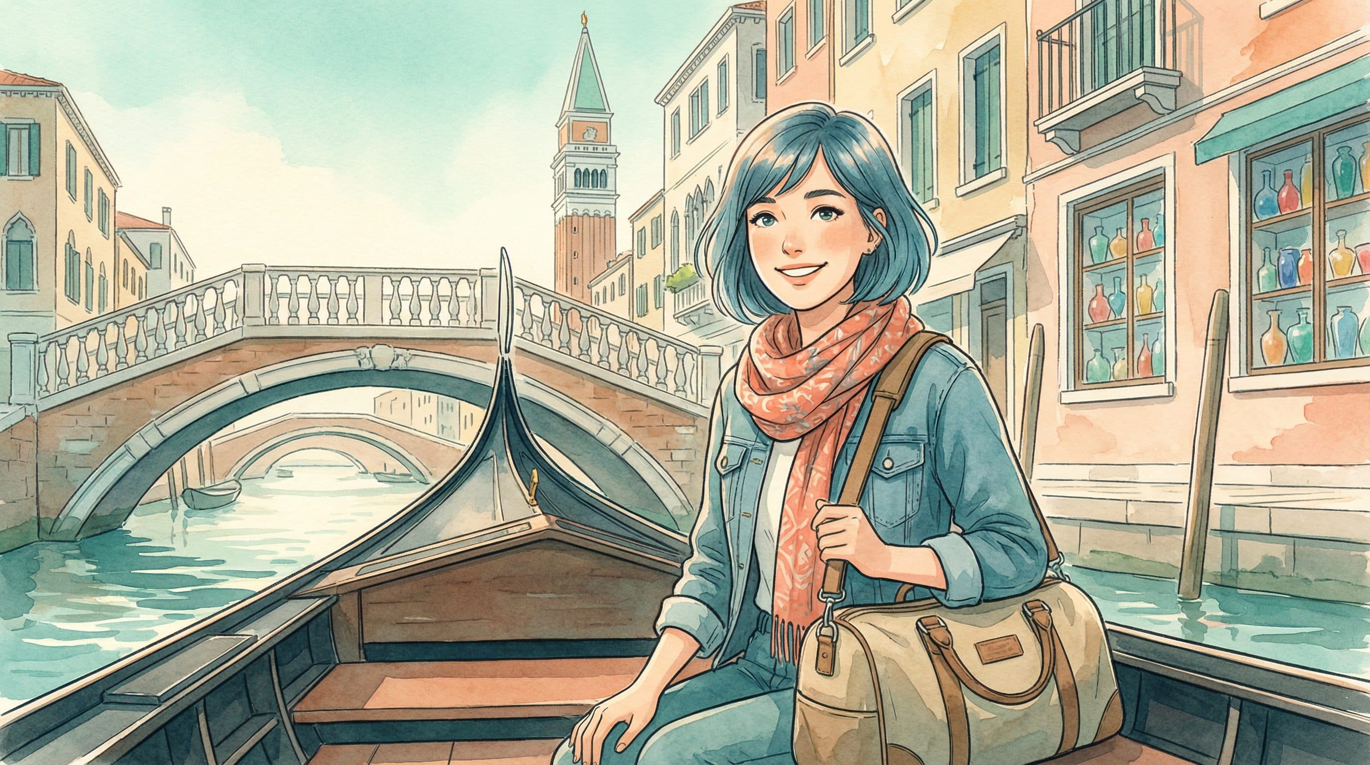 Lucy riding a gondola through a picturesque Venice canal with colorful buildings