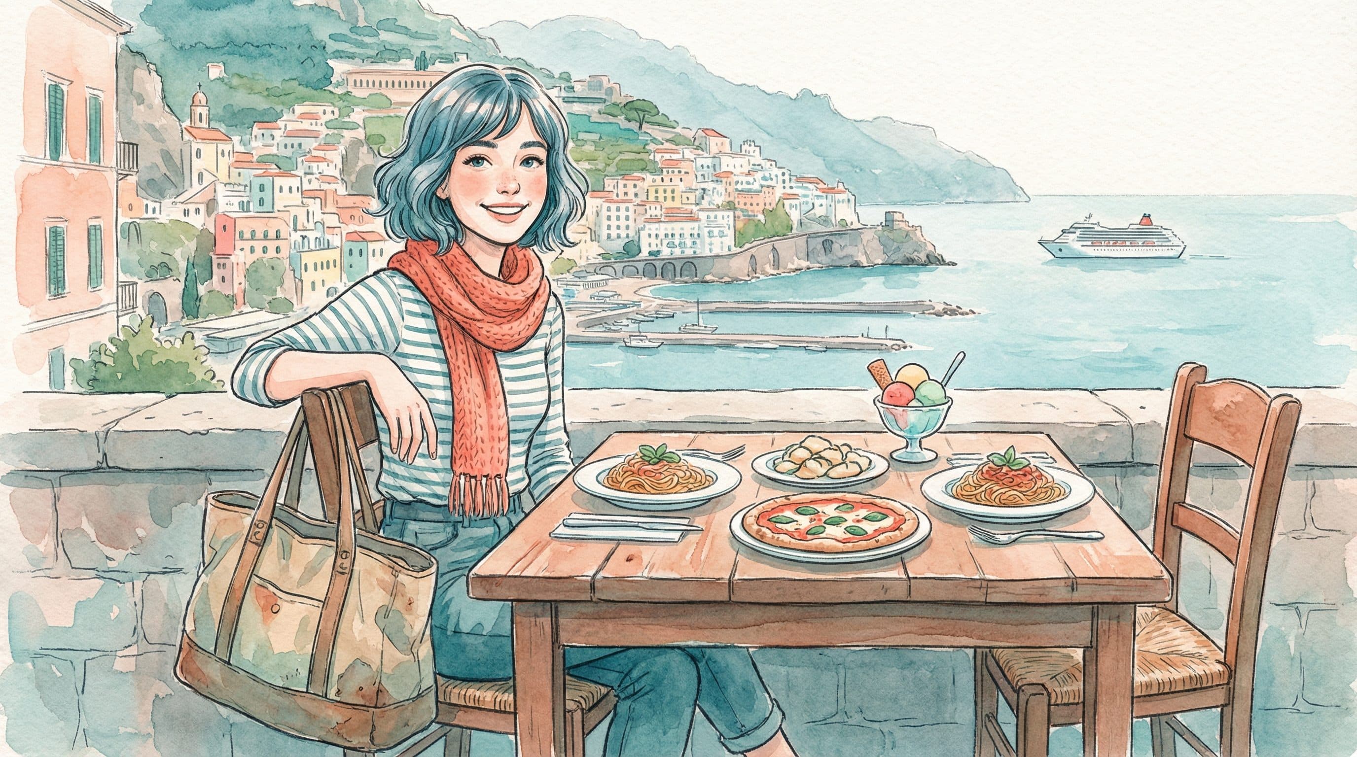 Lucy at an Italian trattoria with Amalfi Coast views and authentic Italian dishes